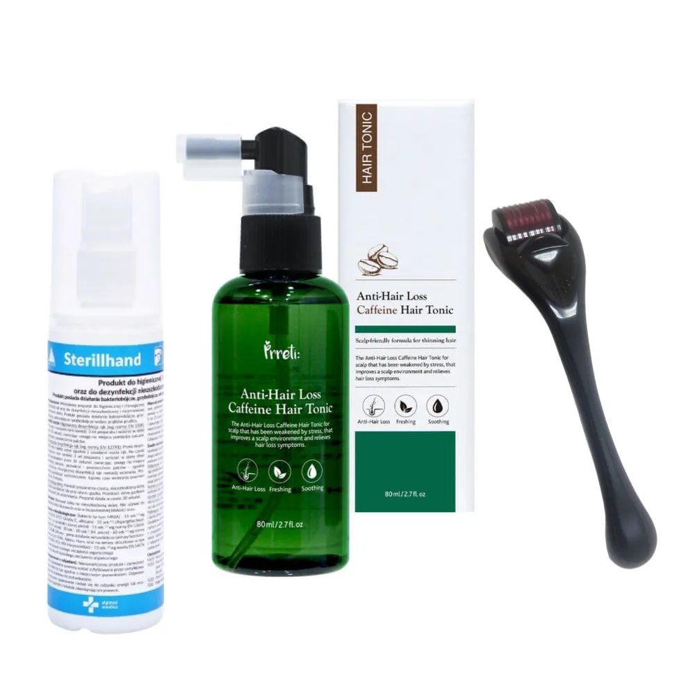 zestaw prreti anti hair loss, dermaroller, dezynfekcja